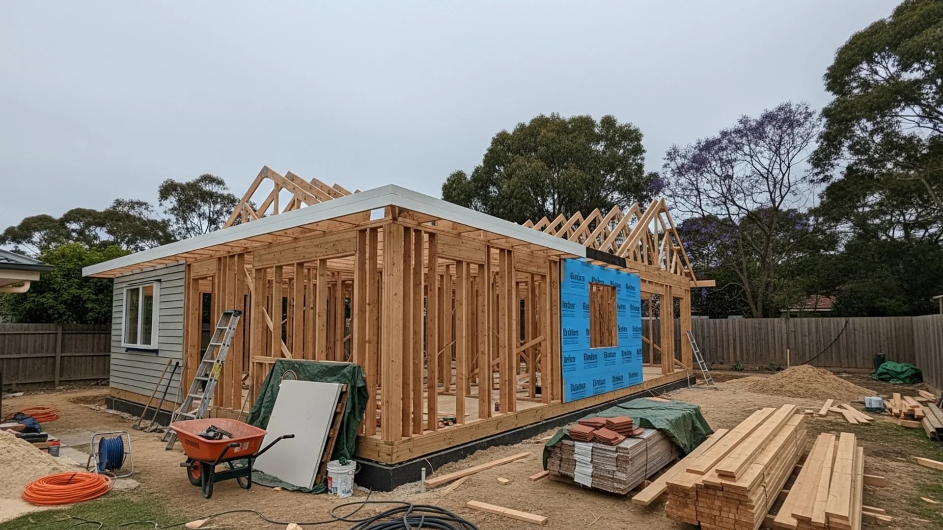 Granny flat under construction in an Australian suburban backyard with timber frame and weatherboard cladding