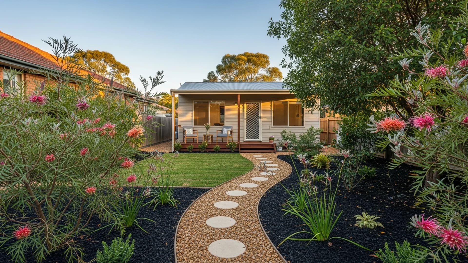 Charming completed granny flat in a lush Australian backyard garden with native plantings and stepping stone path in golden afternoon light