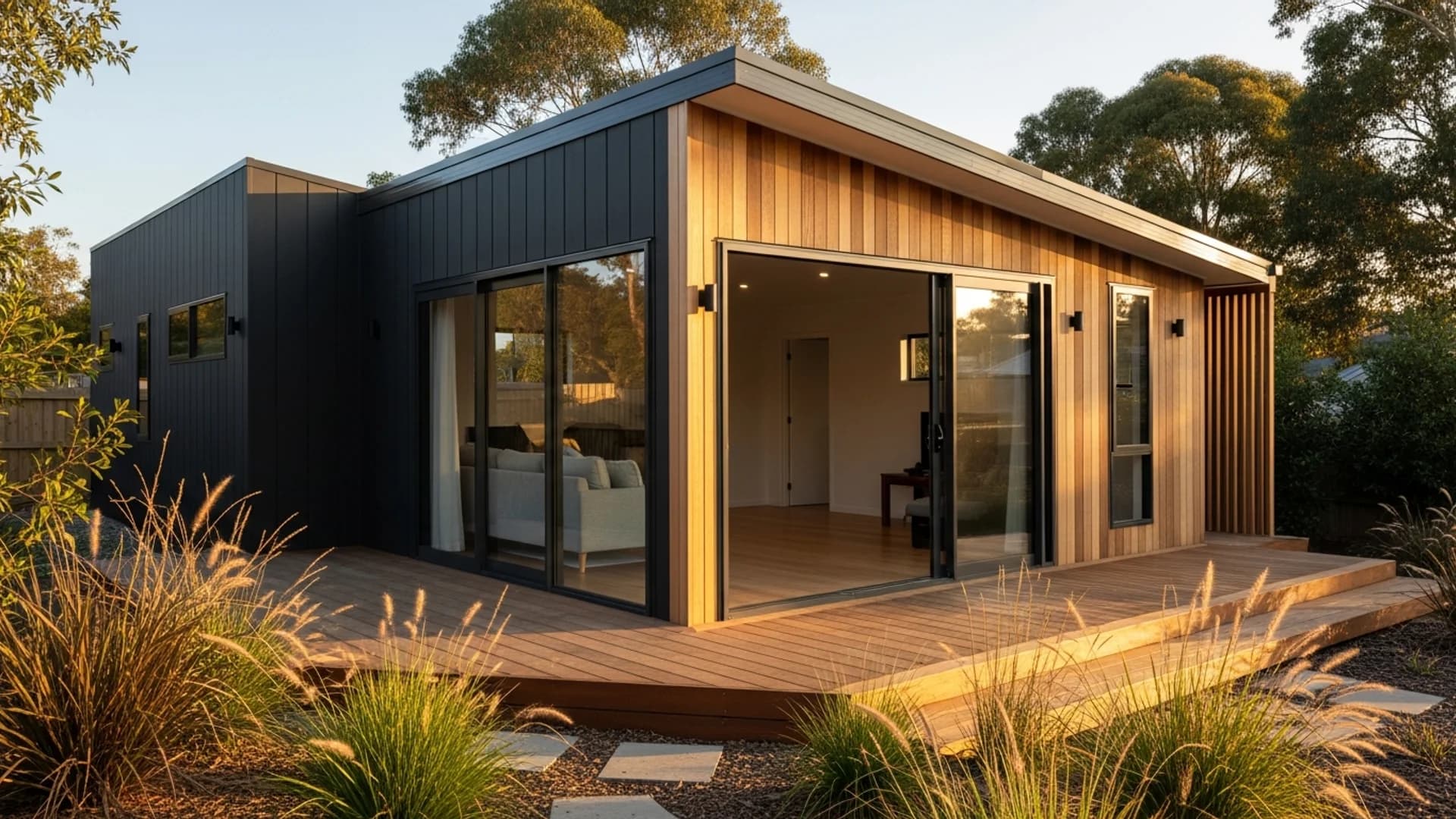 Contemporary granny flat with mixed cladding and timber deck in an Australian backyard at golden hour