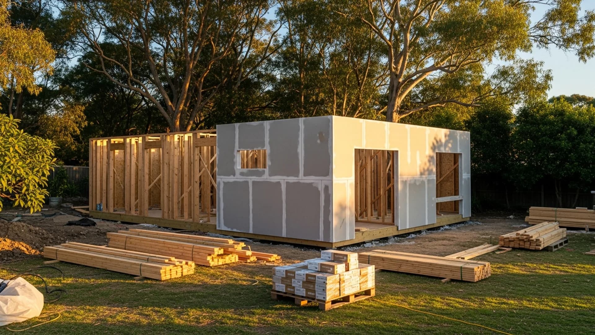 Modern granny flat under construction in a Sydney suburban backyard with timber framing and fibre cement panels