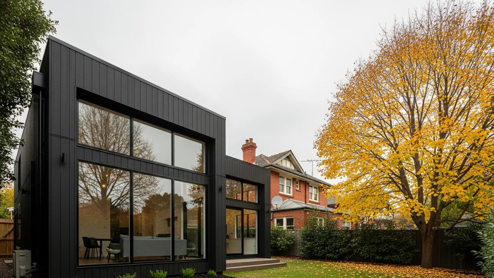 Modern weatherboard granny flat with dark charcoal cladding and large windows in a Melbourne suburban backyard with established deciduous trees